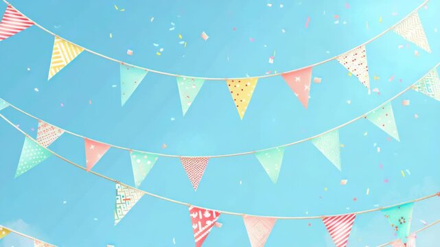 A lively party decoration featuring a banner of assorted colorful flags hanging against a bright blue sky speckled with confetti.