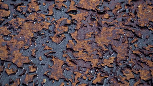 Close-up shot of rusted metal texture, showcasing intricate patterns and earthy tones. Ideal for a video background or industrial-themed projects.