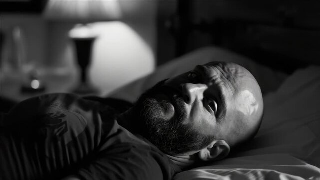 Close-up of African American male actor laying down on bed, looking serious and troubled