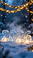 Glowing ice sculpture 2026 in winter wonderland with snowflakes and golden lights