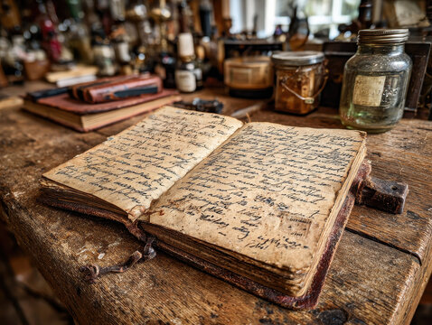 Old handwritten journal open on rustic wooden table with vintage glass jars and antique books blurred in background indoors warm lighting