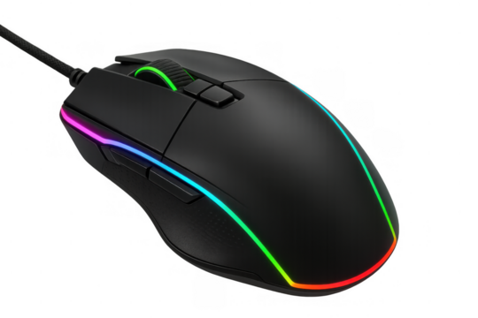 Gaming mouse showing colorful rgb led lighting, modern computer peripheral for e-sports and digital entertainment on transparent background