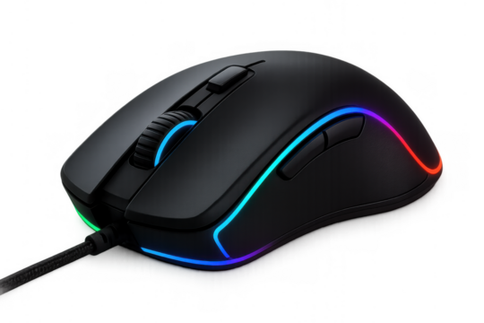 Gaming mouse with colorful rgb lighting displaying high performance for professional esports and pc computer setup, transparent background