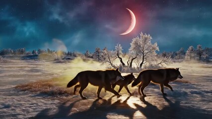 Night Wolves' Trek: A pack of wolves traverses a snowy expanse beneath the serene glow of the crescent moon. Capturing the raw beauty and mystery of nature's nocturnal realm.