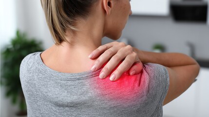A woman experiences shoulder pain, grasping the affected area with her hand. The image conveys discomfort and the need for care and relief in a serene indoor setting.