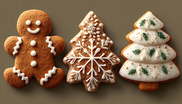 set of gingerbread cookies with the shape of a man, a snowflake and a Christmas tree with white icing on transparent. Christmas gingerbread