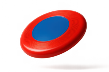 Flying disc for playing sport and games, red plastic with a blue center, spinning through the air on transparent background
