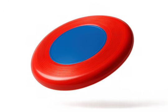 Flying disc for playing sport and games, red plastic with a blue center, spinning through the air on transparent background