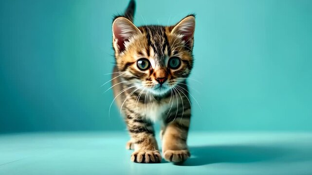 Playful Kitten's Stroll: A tiny, striped kitten confidently struts forward, his gaze direct, showcasing playful innocence and endearing curiosity against a soft background.