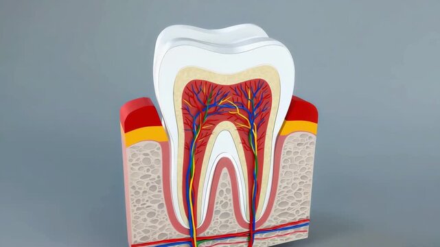 3D Dental Model Showing Tooth and Root Canal illustration showing tooth layers, pulp, and nerves, suitable for dentists, students, and oral health material