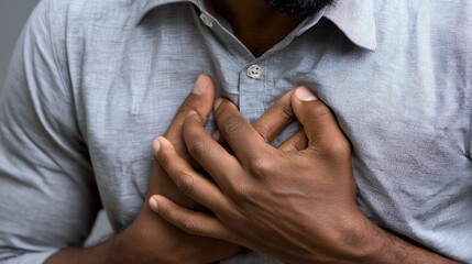 A close-up image of a man holding his chest, expressing distress or discomfort. This powerful visual captures the emotional strain one might experience in challenging situations.