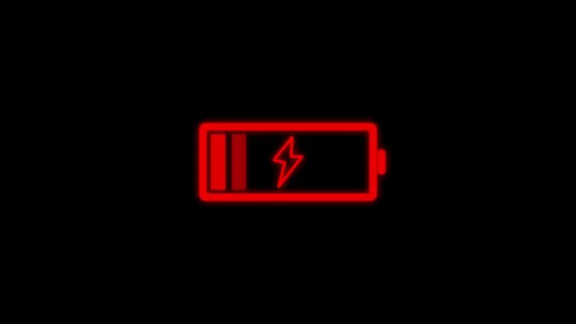 Battery icon animated video. Lightning blinking bolt symbo,Abstract battery fast charging animation in black background. Glowing animated battery icon