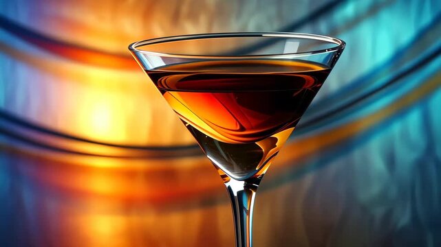 Golden Nectar in Crystal: A classic martini glass, filled with amber liquid, stands elegantly against a backdrop of flowing, vibrant colors, evoking the luxury of the cocktail.