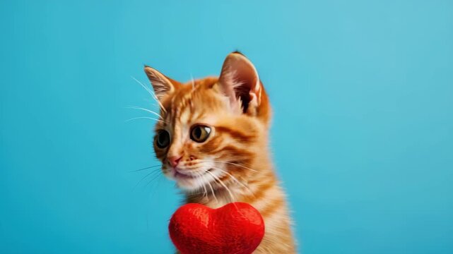 Ginger Kitten with Heart: A charming ginger kitten, clutching a red heart, steals the spotlight against a vibrant blue backdrop. It's a paw-some display of affection and unconditional love!