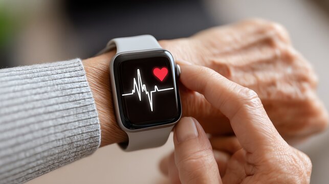 A person interacting with a modern smartwatch displaying a heart rate monitor on the screen. The wrist is adorned with a sleek band, emphasizing health monitoring and technology.