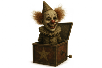 Scary clown jack-in-the-box toy with frightening expression popping out of a vintage wooden box