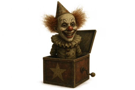 Scary clown jack-in-the-box toy with frightening expression popping out of a vintage wooden box