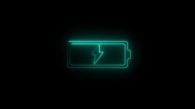 neon Battery icon animated video. Lightning blinking bolt symbo,Abstract battery fast charging animation in black background. Glowing animated battery icon