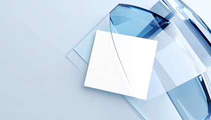 Modern Abstract Geometric Background with White Square Blank Card and Blue Glass Shapes on Light Blue Surface