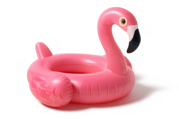 Pink inflatable flamingo float for summer fun, vacation, and party decoration on transparent background