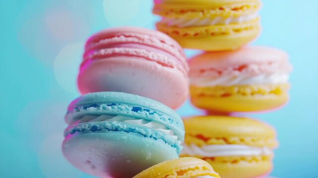 A delightful assortment of colorful macaron cookies arranged neatly in a circle pattern against a blue backdrop with bokeh light effect.
