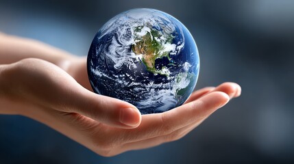 A close-up of a hand holding a beautifully detailed globe, symbolizing care for the Earth and environmental awareness