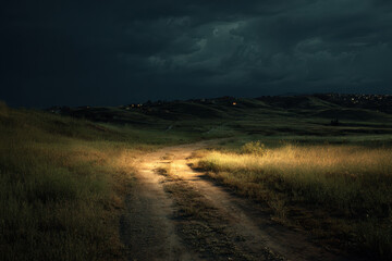 Obraz premium A winding dirt road illuminated by distant city lights under a dark sky, symbolizing perseverance, direction, and the pursuit of achievement.