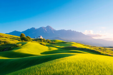 Scenic countryside with green fields and mountains rural valley nature panorama