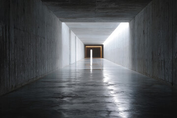 Fototapeta premium A minimalist concrete tunnel with light shining through an open door, symbolizing hope, direction, and the journey toward achievement.