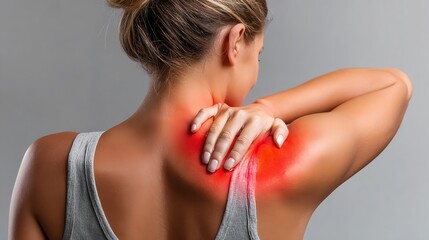 A close-up view of a woman experiencing shoulder pain, highlighting the affected area with a red glow. This image captures the essence of discomfort and the need for relief.