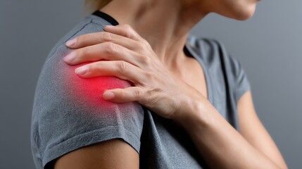 A close-up of a woman holding her shoulder in pain, highlighting discomfort