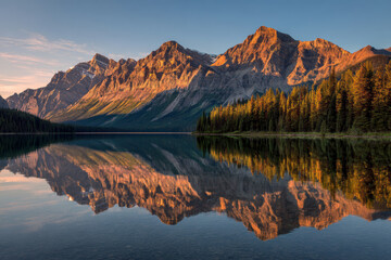 Obraz premium A majestic mountain reflected in a still lake at sunrise, symbolizing balance, clarity, and the serene power of achievement.