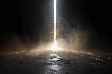 Naklejka premium A vertical beam of light pierces through darkness with golden particles floating around, symbolizing inspiration, hope, and the emergence of achievement.