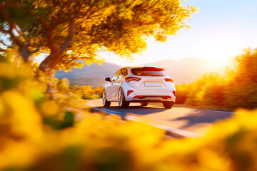 Small hatchback navigating country road compact city car rural drive