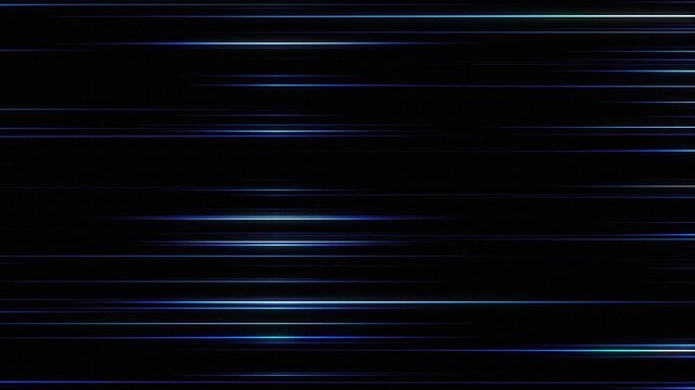 Abstract animation background with horizontal blue white moving lines on black backdrop