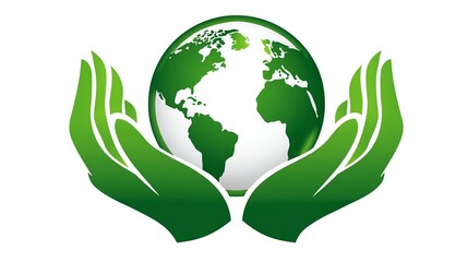 A stylized illustration of green hands gently cradling a globe, symbolizing care for the planet. This image emphasizes environmental protection and promotes sustainability.