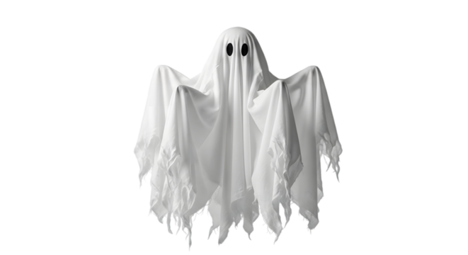 Spooky white ghost costume isolated on white background