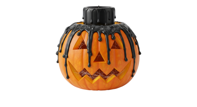 Orange halloween jack o lantern with black drips isolated on white background