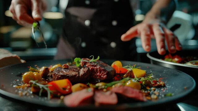 Professional chef meticulously preparing meal at table with ingredients and cutlery