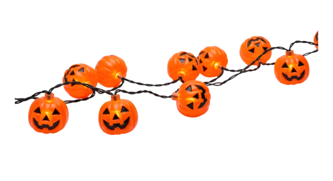 String of glowing jack o lantern lights isolated on white background