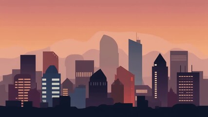 Stylized Cityscape At Sunset With Buildings Silhouette And Purple And Orange Hues - Powered by Adobe