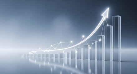 Abstract growth chart with glowing lines and increasing transparent bars, success and progress concept.