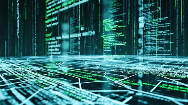 Digital Realm: An immersive digital landscape of coding, algorithms, and data streams, illustrating the complexities of the digital world, perfect for tech and science projects.