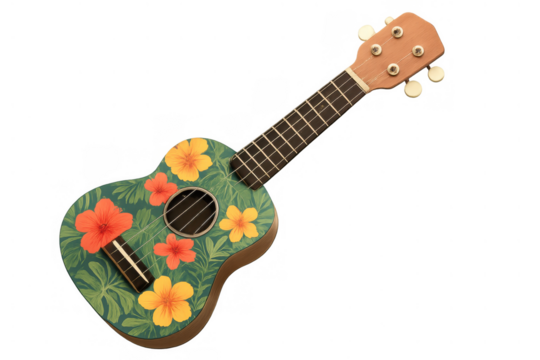 Ukulele with tropical floral decoration, a classic hawaiian string instrument for music and relaxation, transparent background