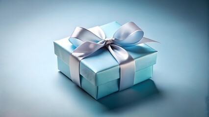 Obraz premium A single light blue gift box with a silver ribbon is isolated on white background
