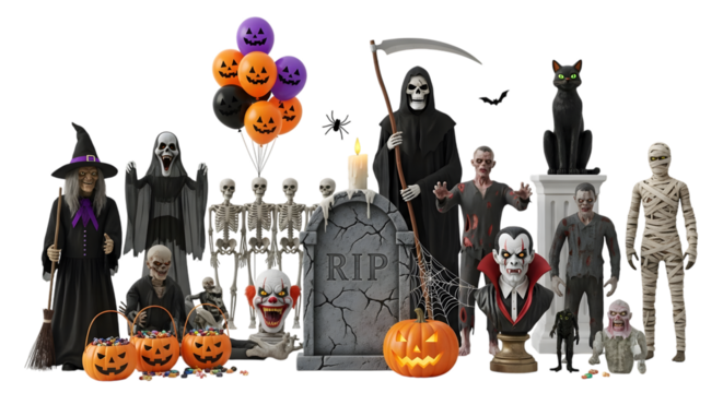Collection of halloween decorations isolated on white background