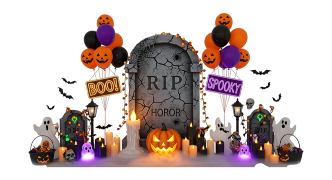 Spooky halloween tombstone decoration with pumpkins and ghosts isolated on white background