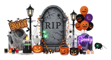 Halloween graveyard scene with tombstone and spooky decorations isolated on white background