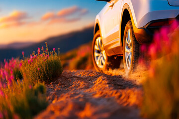 Strong off road capable SUV moving through rural scenery adventure lifestyle