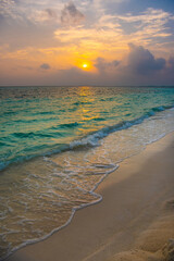 Beautiful sunset. Summer vacation, holiday amazing nature. Relax paradise, Maldives. Tropical island beach landscape exotic shore coast. Tranquil closeup calm sea water waves with palm trees. 